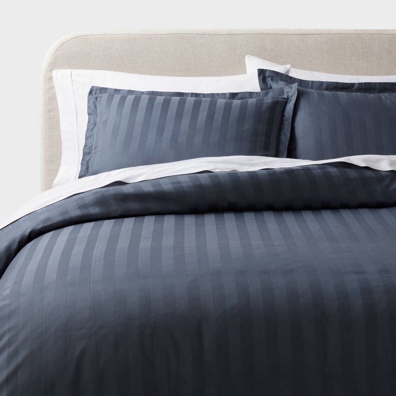 slide 1 of 5, 3pc Full/Queen Luxe Striped Damask Duvet Cover and Sham Set Dark Teal Blue - Threshold™: 300 Thread Count, Cotton, OEKO-TEX Certified, 3 ct