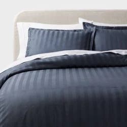 3pc Full/Queen Luxe Striped Damask Duvet Cover and Sham Set Dark Teal Blue - Threshold™: 300 Thread Count, Cotton, OEKO-TEX Certified