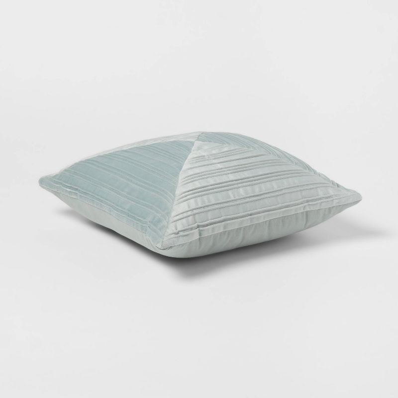slide 3 of 4, 18"x18" Luxe Square Velvet Pleated Decorative Pillow Light Teal - Threshold™: Indoor Geometric Design, Polyester Velour, 1 ct