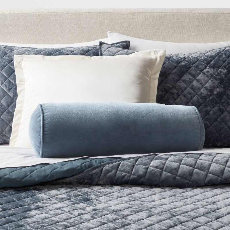 slide 2 of 4, 8"x22" Luxe Round Velvet Bolster Decorative Pillow Slate Blue - Threshold™: Indoor Cotton Woven, Spot Clean, 1 ct