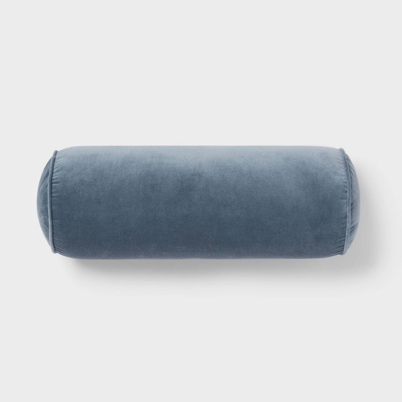 slide 1 of 4, 8"x22" Luxe Round Velvet Bolster Decorative Pillow Slate Blue - Threshold™: Indoor Cotton Woven, Spot Clean, 1 ct