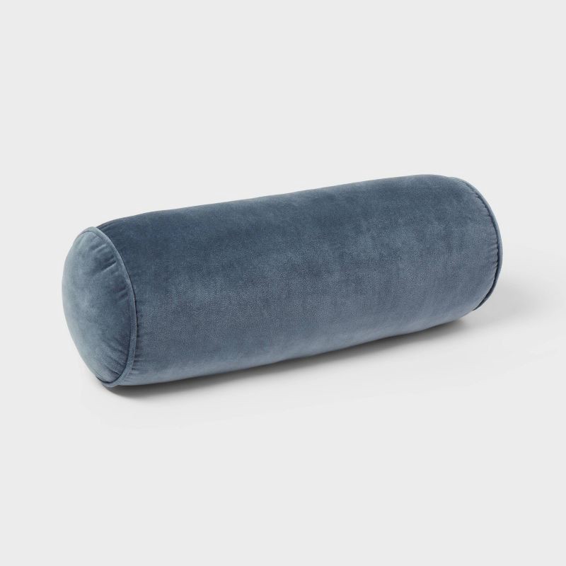 slide 3 of 4, 8"x22" Luxe Round Velvet Bolster Decorative Pillow Slate Blue - Threshold™: Indoor Cotton Woven, Spot Clean, 1 ct