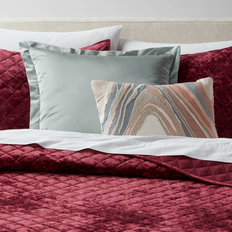 slide 2 of 4, 24"x24" Luxe Euro Sateen with Velvet Trim Decorative Pillow Light Teal Green - Threshold™, 1 ct