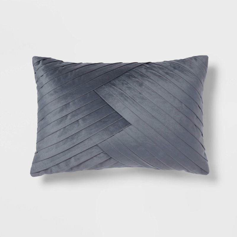 slide 1 of 3, 14"x20" Luxe Oblong Velvet Pleated Decorative Pillow Slate Blue - Threshold™: Cotton Velour, Indoor Use, STANDARD 100 by OEKO-TEX, 1 ct