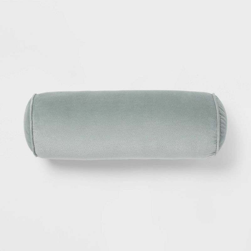slide 1 of 3, 8"x22" Luxe Round Velvet Bolster Decorative Pillow Light Teal Green - Threshold™: Indoor Cotton Woven, Spot Clean, 1 ct