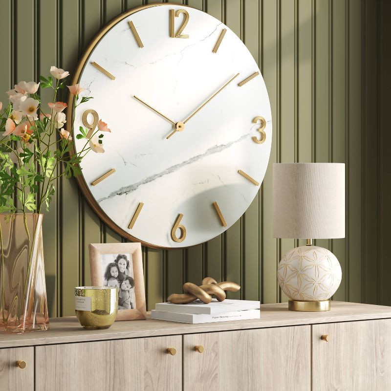 slide 2 of 3, 26" Faux Marble Finished in Polished Brass Wall Clock White - Threshold™: Elegant Timepiece for Indoor Use, 1 ct