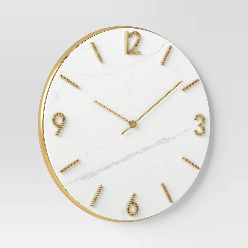 slide 3 of 3, 26" Faux Marble Finished in Polished Brass Wall Clock White - Threshold™: Elegant Timepiece for Indoor Use, 1 ct