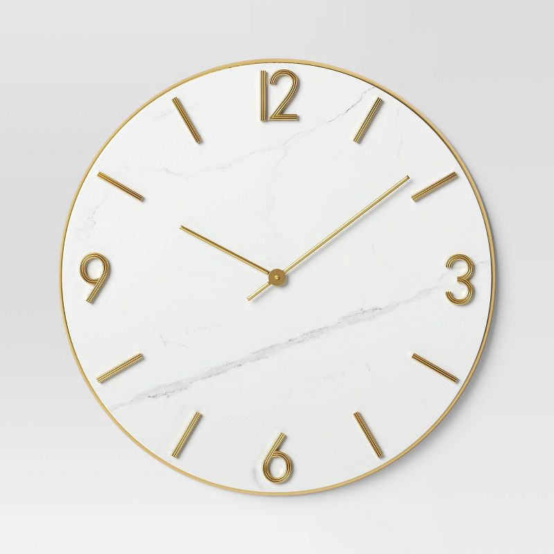 slide 1 of 3, 26" Faux Marble Finished in Polished Brass Wall Clock White - Threshold™: Elegant Timepiece for Indoor Use, 1 ct