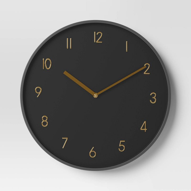 slide 1 of 3, 16" Luxe Wall Clock Black/Brass - Threshold™: Sleek Round Design for Home Decor, 1 ct