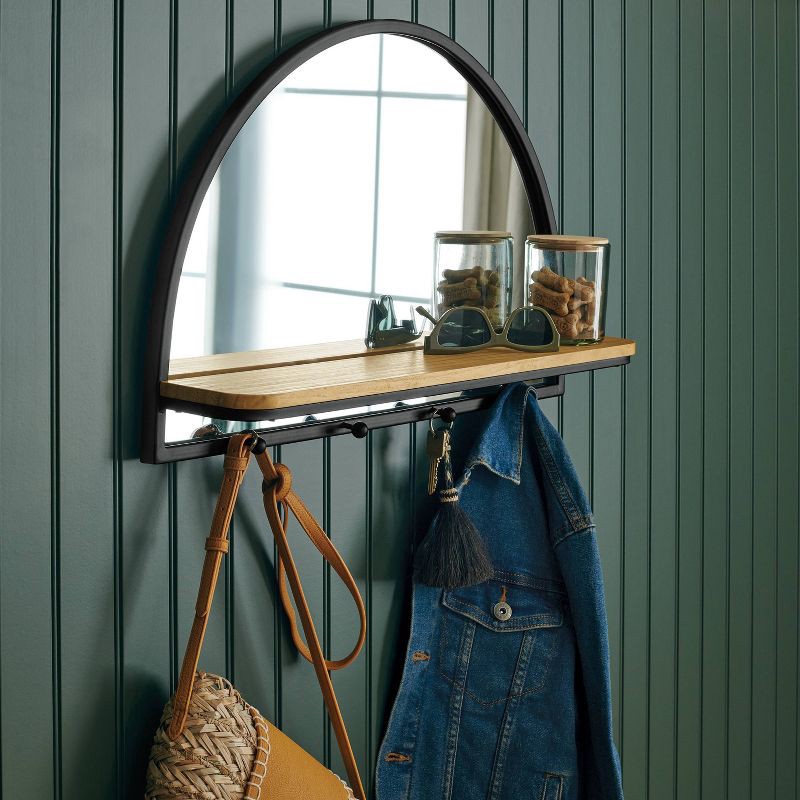slide 2 of 4, 24"x15" Arch Wall Mirror with Shelf and Pegs Brown/Black - Threshold™: Modern Style, Horizontal Orientation, Includes Mounting Hardware, 1 ct