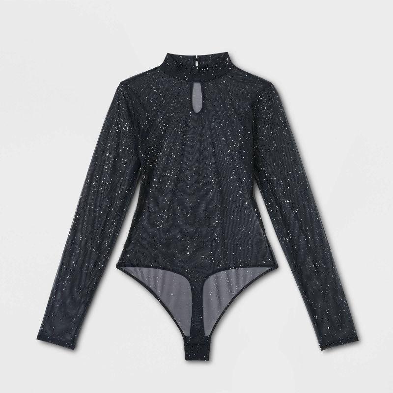 Women's Sequin Mesh Long Sleeve Lingerie Bodysuit - Auden Black XL