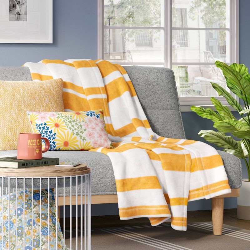 slide 2 of 4, Printed Plush Striped Throw Blanket Yellow - Room Essentials™: Cozy, Soft, Midweight, Machine Washable, 1 ct