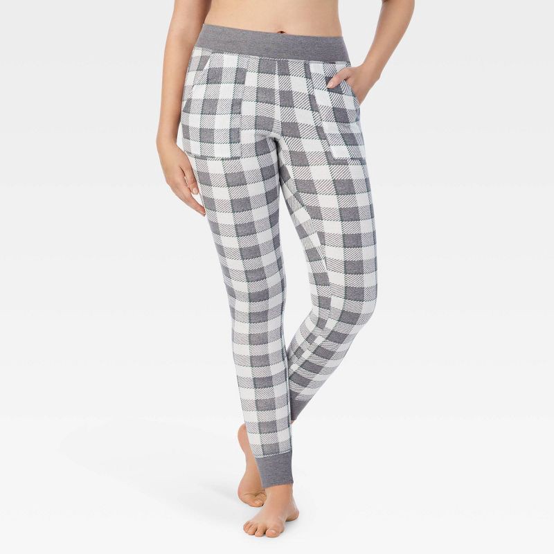 Warm Essentials by Cuddl Duds Women's Plaid Waffle Ribbed Trimmed Leggings  with Pockets - White/Gray L 1 ct