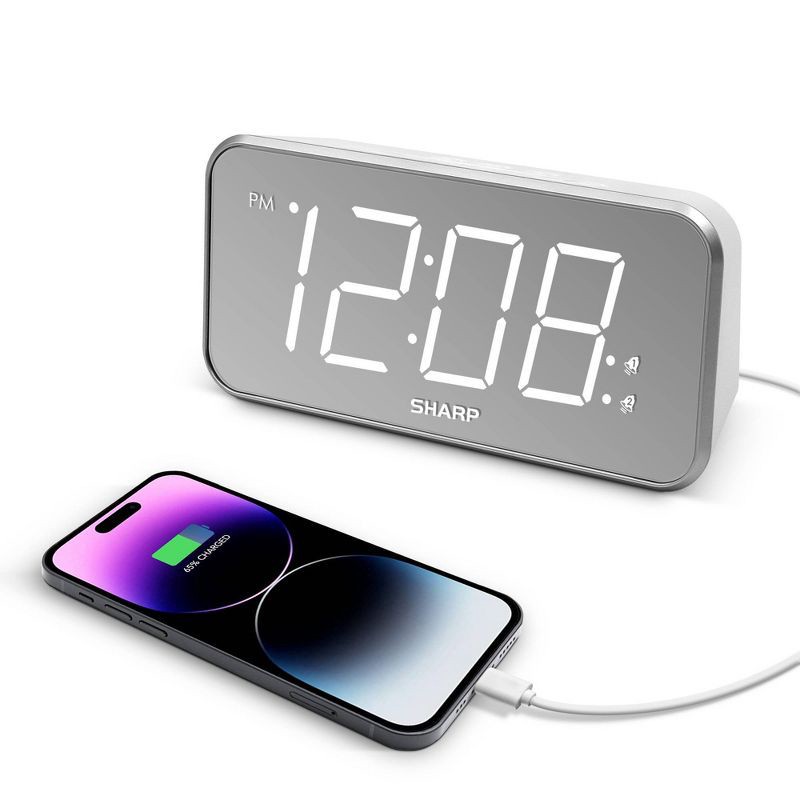 slide 2 of 4, AccuSet Jumbo Mirror Display Alarm Clock White - Sharp: Modern Bedside LED Clock with USB Port, 1 ct