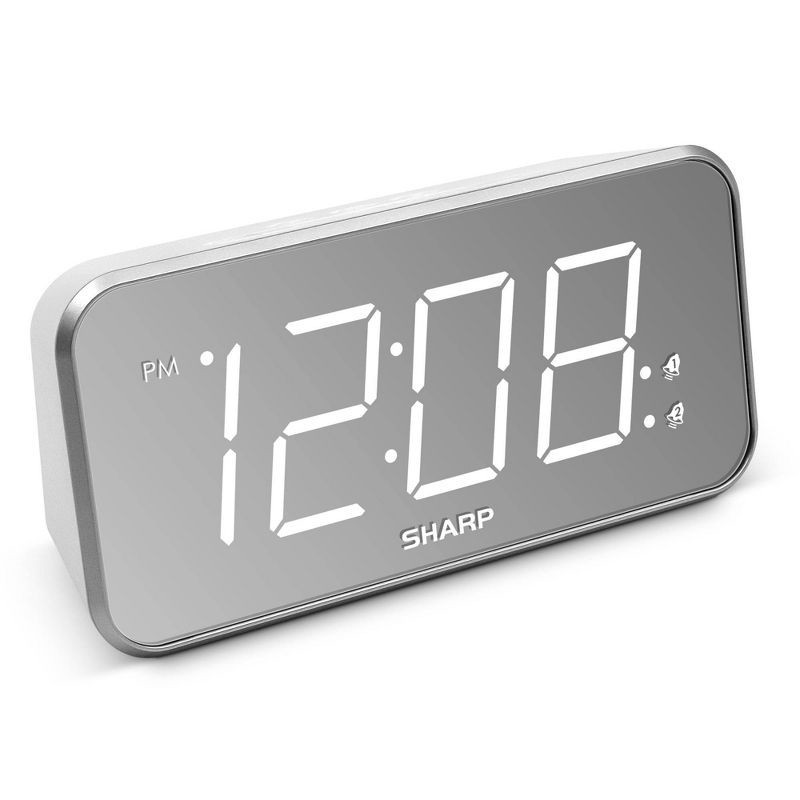 slide 1 of 4, AccuSet Jumbo Mirror Display Alarm Clock White - Sharp: Modern Bedside LED Clock with USB Port, 1 ct