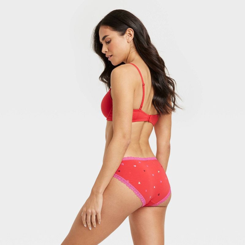 Women's Heart Print Lace Trim Cotton Bikini Underwear - Auden Red XS 1 ct