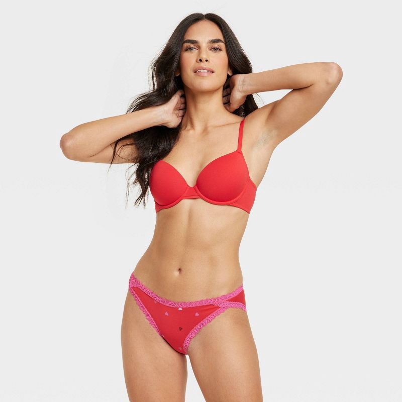 Women's Heart Print Lace Trim Cotton Bikini Underwear - Auden Red XS 1 ct