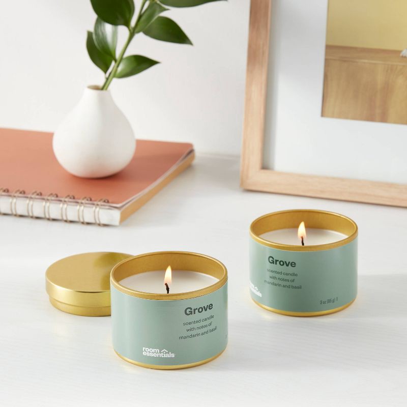 slide 2 of 3, 2pk 3oz Tin Gift Set Gove - Room Essentials™: Soy Wax Blend Candles, Mandarin Basil Scent, Housewarming Gift, 2 ct; 3 oz