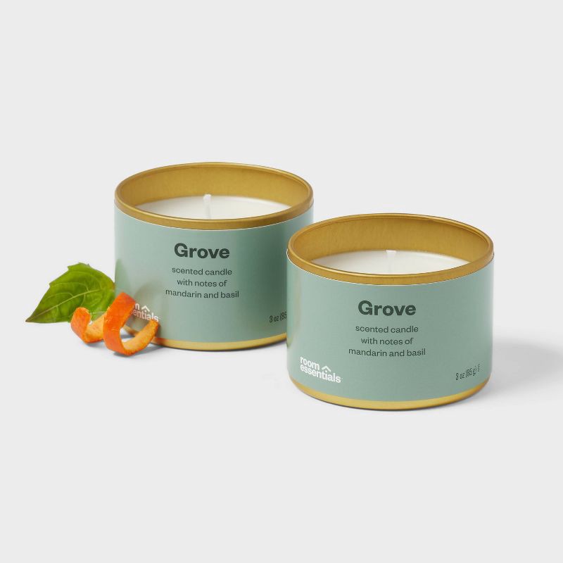 slide 3 of 3, 2pk 3oz Tin Gift Set Gove - Room Essentials™: Soy Wax Blend Candles, Mandarin Basil Scent, Housewarming Gift, 2 ct; 3 oz