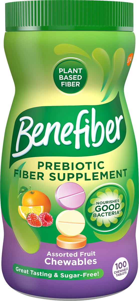 slide 8 of 9, Benefiber Chewable Prebiotic Fiber Supplement Tablets for Digestive Health, Assorted Fruit Flavors - 100 Count, 100 ct