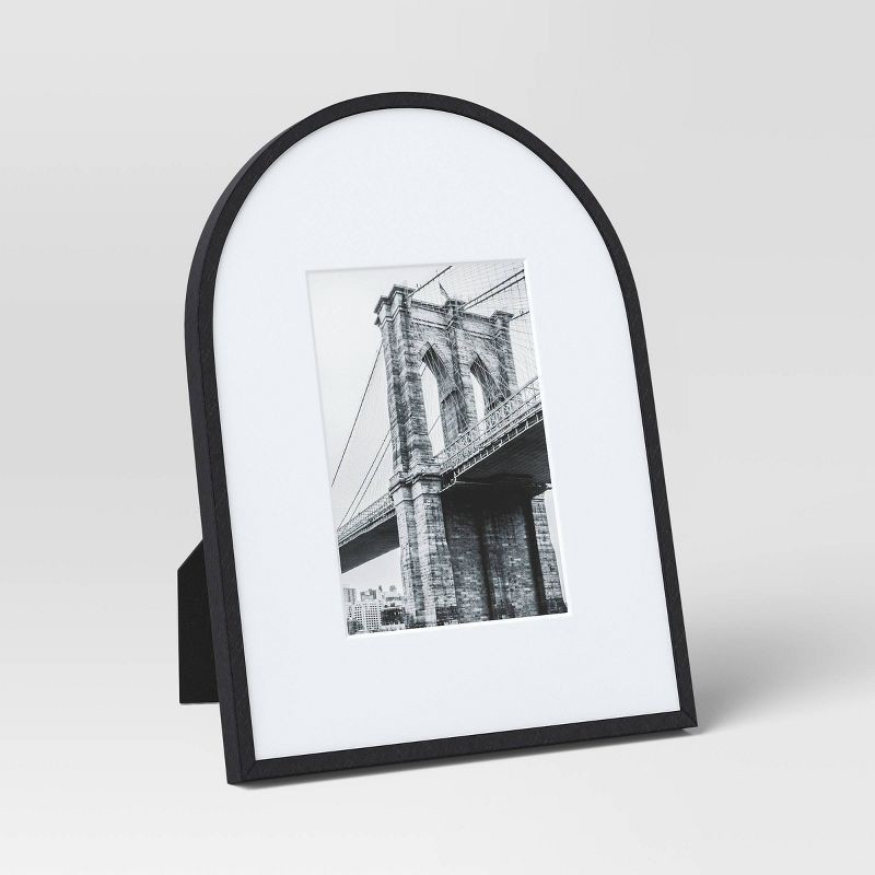 slide 1 of 5, 9"x12" Matted to 5"x7" Aluminum Arch Table Frame Black - Threshold™: Modern Half Moon Picture Display, Easel Back, 1 ct