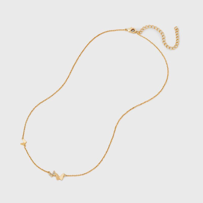 slide 3 of 4, 14k Gold Dipped Cubic Zirconia Triple Butterfly Station Necklace - Gold: Inspirational Jewelry, Nickel-Free, 16-19" Length, 1 ct