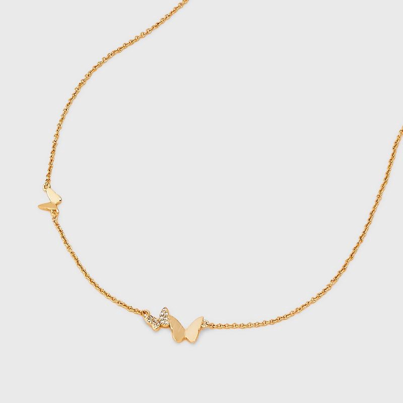 slide 4 of 4, 14k Gold Dipped Cubic Zirconia Triple Butterfly Station Necklace - Gold: Inspirational Jewelry, Nickel-Free, 16-19" Length, 1 ct