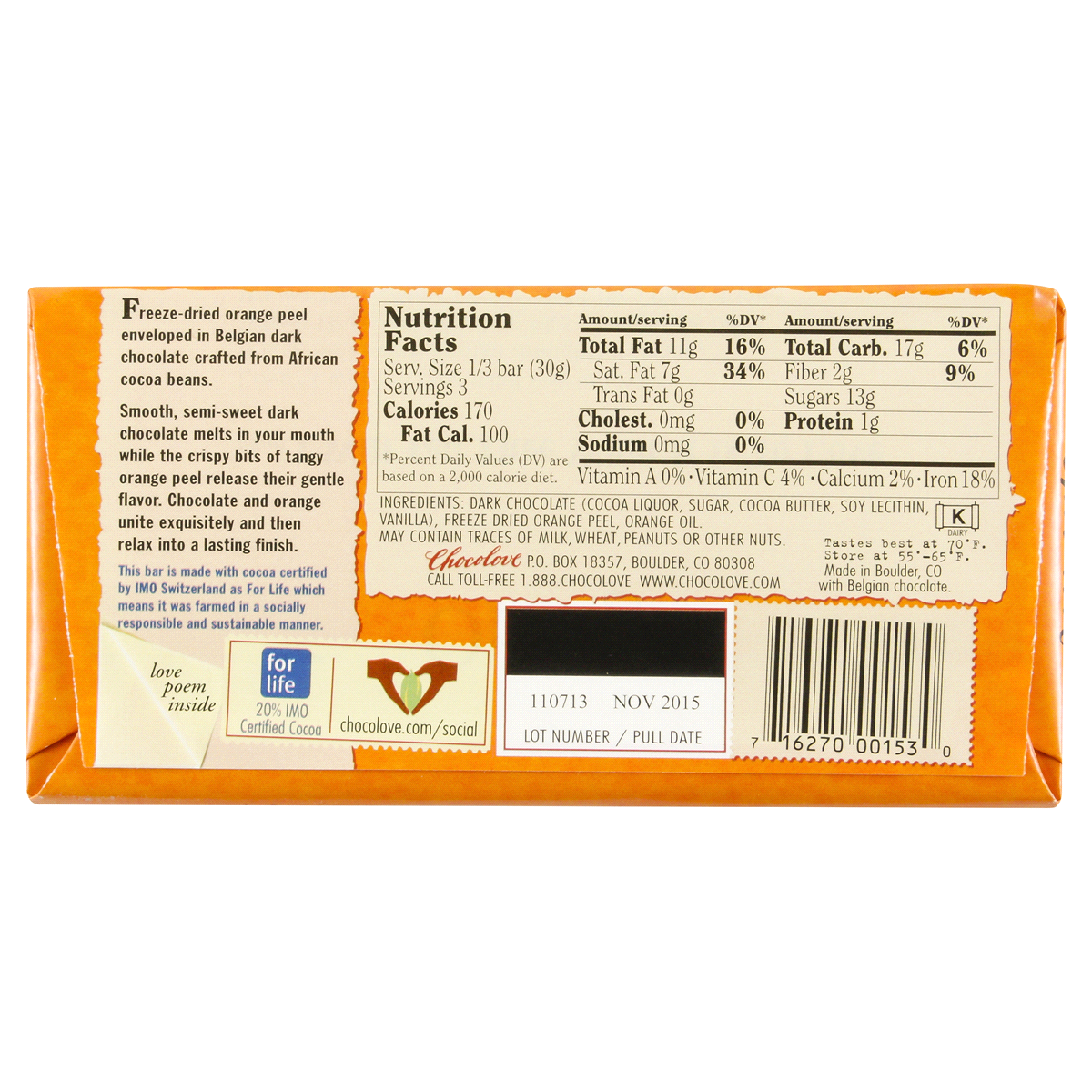 slide 2 of 2, Chocolove Orange Peel In Dark Chocolate Bar, 3.2 oz