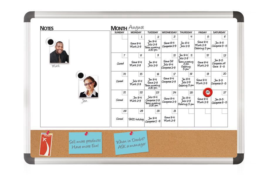 slide 4 of 4, FORAY 3-In-1 Monthly Planner/Cork/Magnetic Dry-Erase Board, Aluminum Frame, 24 in x 36 in