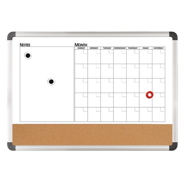 slide 1 of 4, FORAY 3-In-1 Monthly Planner/Cork/Magnetic Dry-Erase Board, Aluminum Frame, 24 in x 36 in