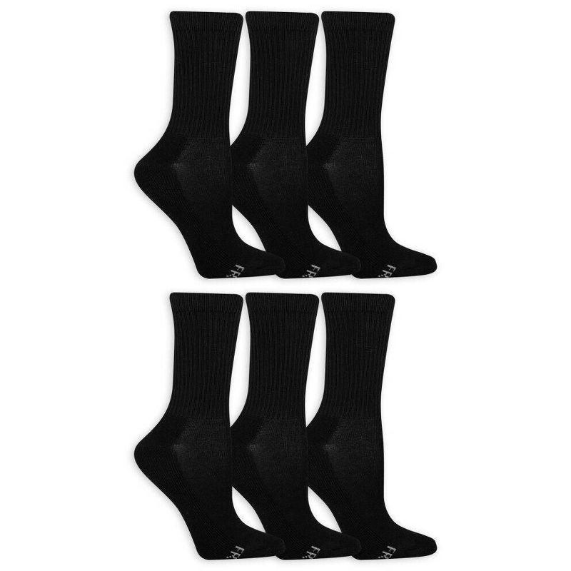slide 2 of 7, Fruit of the Loom Women's 6pk Comfort Cushion Crew Socks - Black 8-12: Midweight, Cushioned Sole, Machine Washable, 6 ct