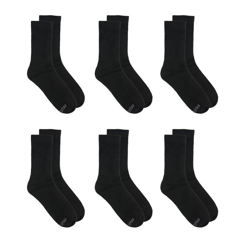 slide 3 of 7, Fruit of the Loom Women's 6pk Comfort Cushion Crew Socks - Black 8-12: Midweight, Cushioned Sole, Machine Washable, 6 ct