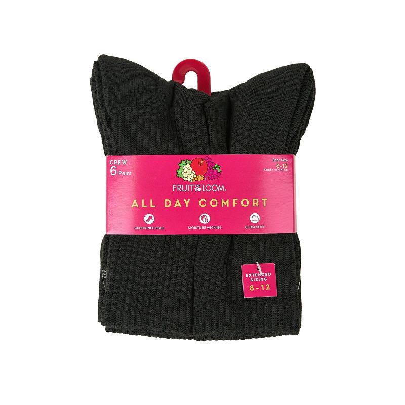 slide 4 of 7, Fruit of the Loom Women's 6pk Comfort Cushion Crew Socks - Black 8-12: Midweight, Cushioned Sole, Machine Washable, 6 ct