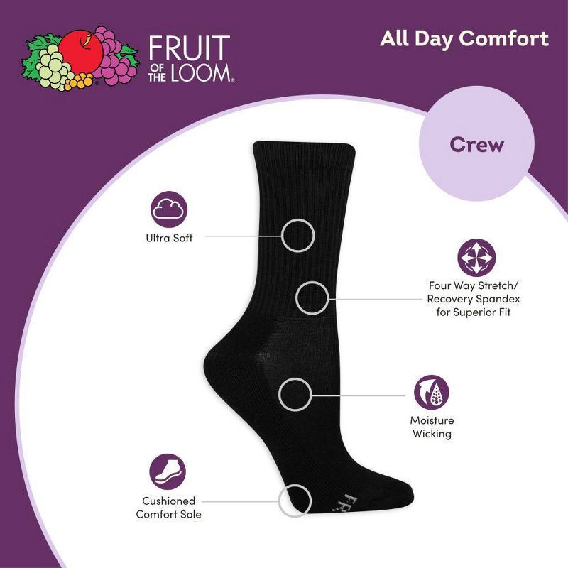 slide 5 of 7, Fruit of the Loom Women's 6pk Comfort Cushion Crew Socks - Black 8-12: Midweight, Cushioned Sole, Machine Washable, 6 ct