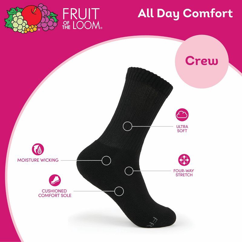 slide 6 of 7, Fruit of the Loom Women's 6pk Comfort Cushion Crew Socks - Black 8-12: Midweight, Cushioned Sole, Machine Washable, 6 ct