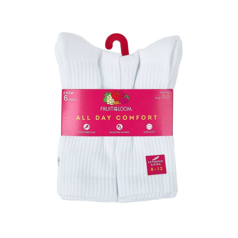 slide 4 of 7, Fruit of the Loom Women's 6pk Comfort Cushion Crew Socks - White 8-12: Midweight, Cushioned Sole, Mesh Design, 6 ct