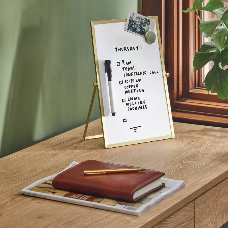 slide 2 of 3, 8"x12" Gold Framed Easel Desktop Dry Erase Board - Threshold™: Office Supplies, MDF & Aluminum, White Presentation Board, 1 ct
