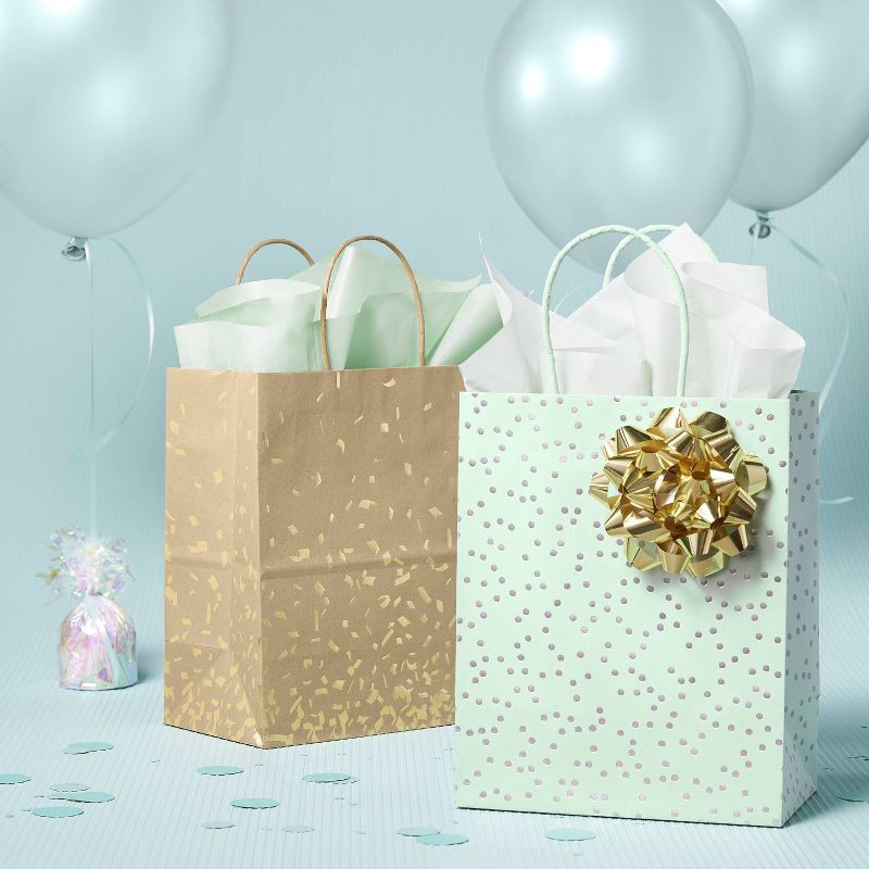 slide 2 of 3, Gold Foil Specks Brown Small Gift Bag - Spritz™: Paper, 9.75" H, 7.75" W, 4.75" D, Striped Pattern, All Occasions, 1 ct