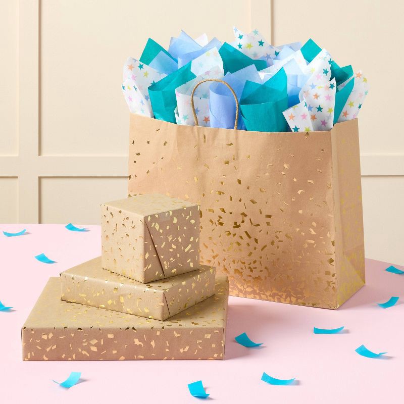 slide 2 of 3, Brown Gold Foil Speckled Gift Wrap - Spritz™: Wedding & All Occasions, 94.5" x 30", DASH Pattern, 1 ct