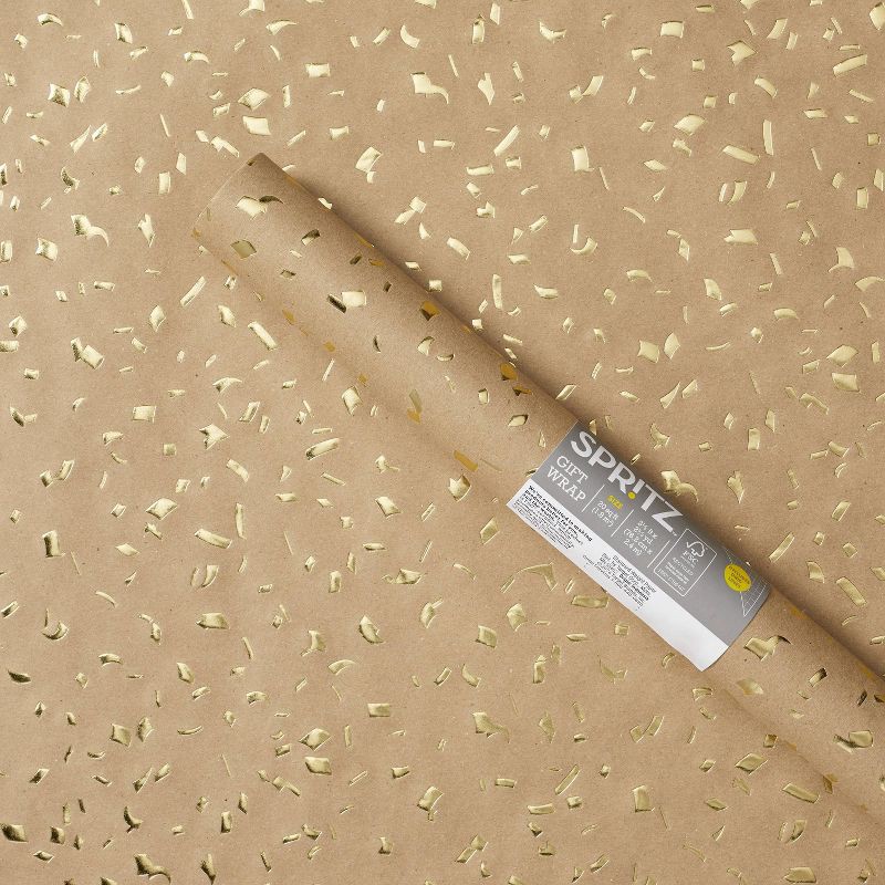 slide 1 of 3, Brown Gold Foil Speckled Gift Wrap - Spritz™: Wedding & All Occasions, 94.5" x 30", DASH Pattern, 1 ct