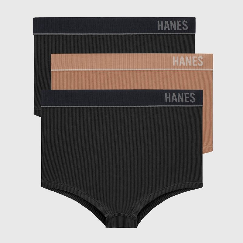 Hanes Originals Women's 3pk Ribbed Boy Shorts - Black/Beige S