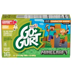 Yoplait Go-GURT Minecraft Strawberry Redstone and Vanilla Quartz Kids Fat Free Yogurt Variety Pack, Gluten Free, 2 oz Yogurt Tubes (16 Count)