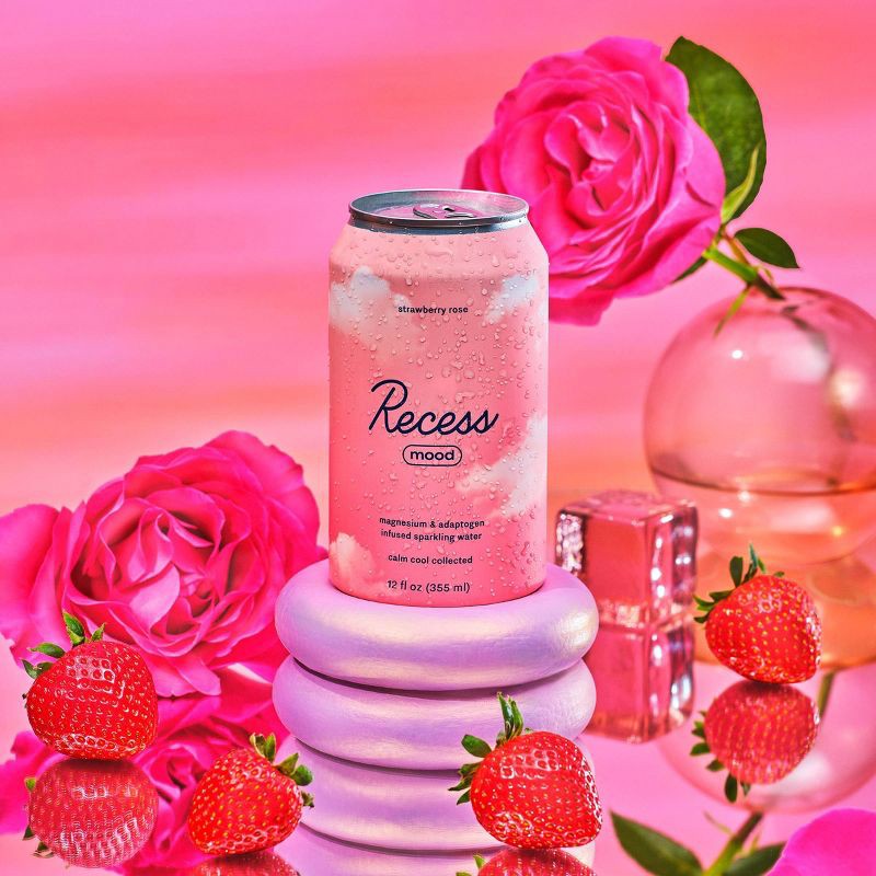 slide 2 of 4, Recess Mood Strawberry Rose Sparkling Water with Magnesium L Threonate - 12 fl oz Can, 12 fl oz