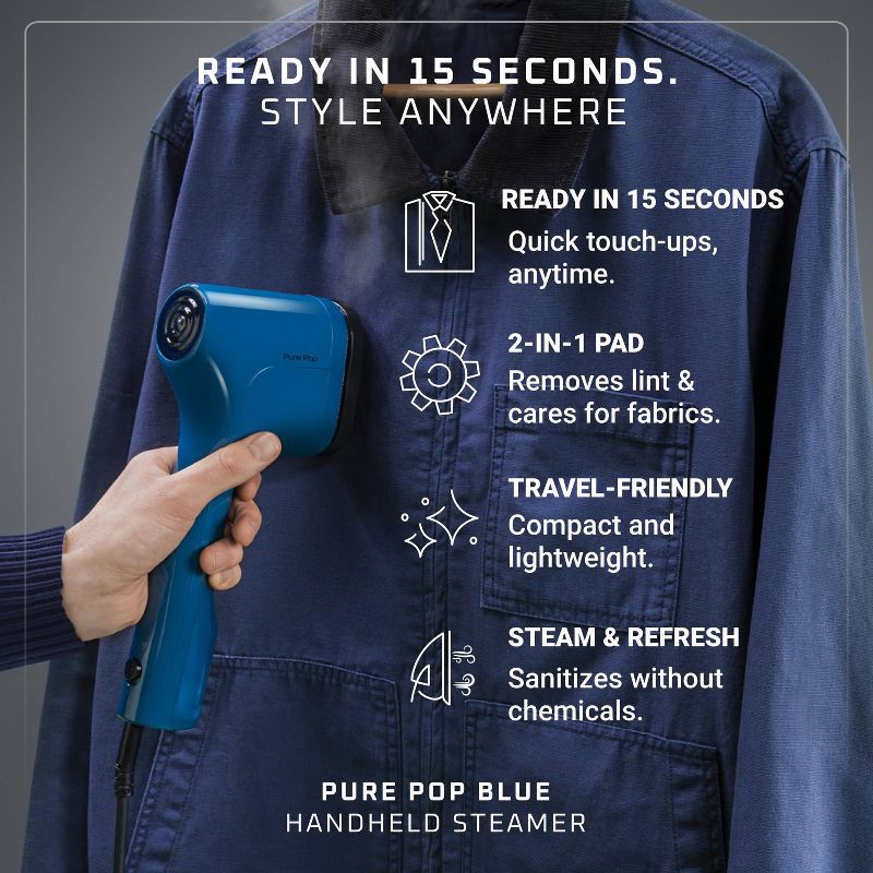 slide 2 of 11, Rowenta Handheld Garment Steamer for Clothes Pure Pop Blue: Travel-Size, Vertical Steam, 1150W, Detachable Water Tank, 1 ct