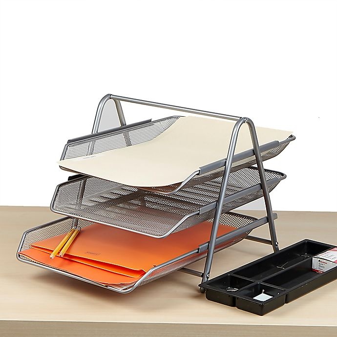 slide 3 of 7, Mind Reader 3-Tier Mesh Paper DeskOrganizer - Silver, 1 ct