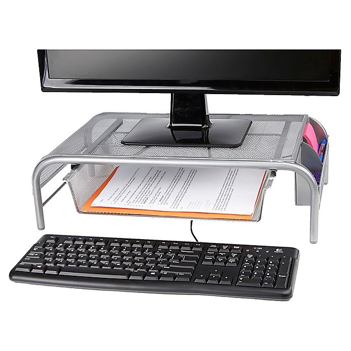 slide 2 of 7, Mind Reader Metal Mesh Monitor Stand with Drawer - Silver, 1 ct