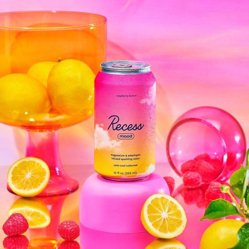 slide 2 of 4, Recess Mood Raspberry Lemon Sparkling Water with Magnesium L Threonate - 12 fl oz Can, 12 fl oz