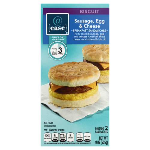 slide 1 of 1, @ease Breakfast Sandwiches, Biscuit, Sausage, Egg & Cheese, 9 oz