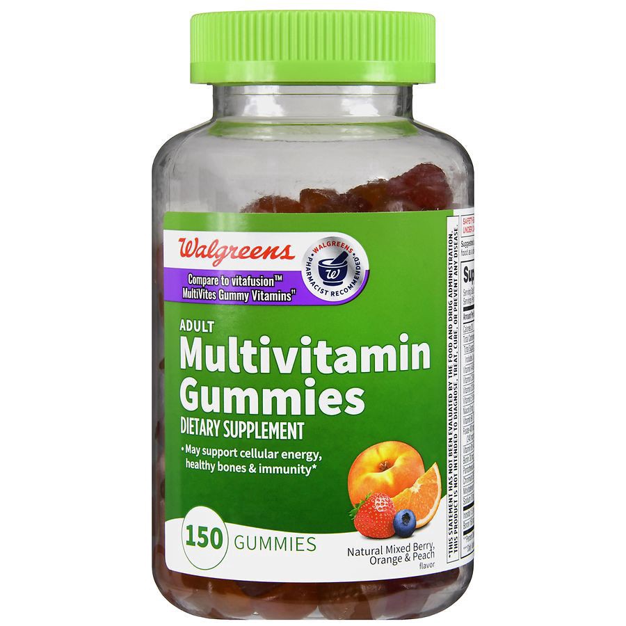 slide 4 of 4, Walgreens Adult Multivitamin Gummies (75 days) Natural Mixed Berry, Orange & Peach, 150 ct