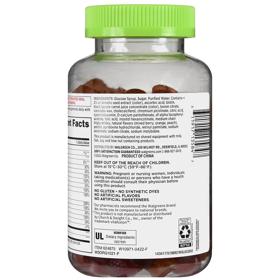 slide 3 of 4, Walgreens Adult Multivitamin Gummies (75 days) Natural Mixed Berry, Orange & Peach, 150 ct